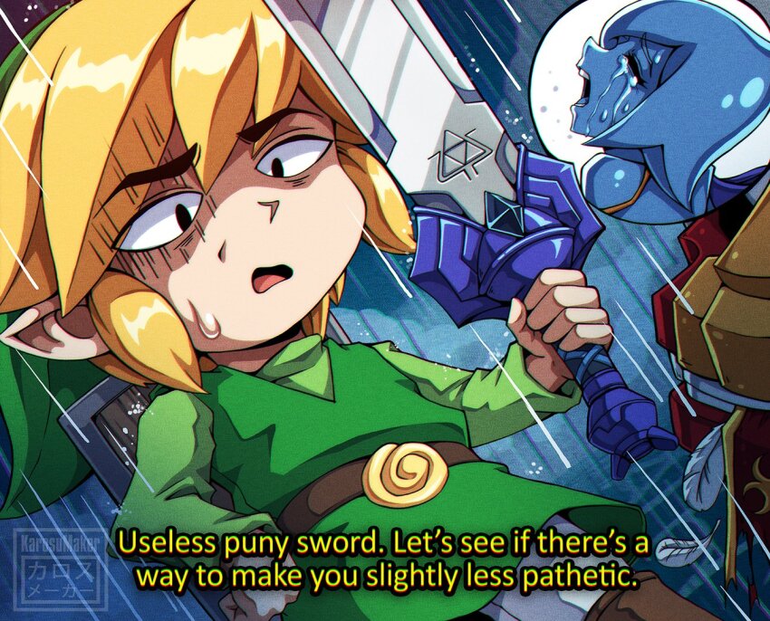 1boy 1girl artist_logo artist_name babe_please_stop_(meme) belt blonde_hair boots brown_belt brown_footwear chibi commentary crying crying_asagiri_aya_(meme) crying_with_eyes_open english_text feathers fi_(zelda) green_hat green_tunic hat holding holding_sword holding_weapon in-franchise_crossover karosu_maker link logo long_sleeves male_focus master_sword nintendo open_mouth pants pointy_ears sidelocks subtitled sweat swept_bangs sword tears the_legend_of_zelda the_legend_of_zelda:_skyward_sword the_legend_of_zelda:_the_wind_waker toon_link triforce tunic weapon white_feathers white_pants