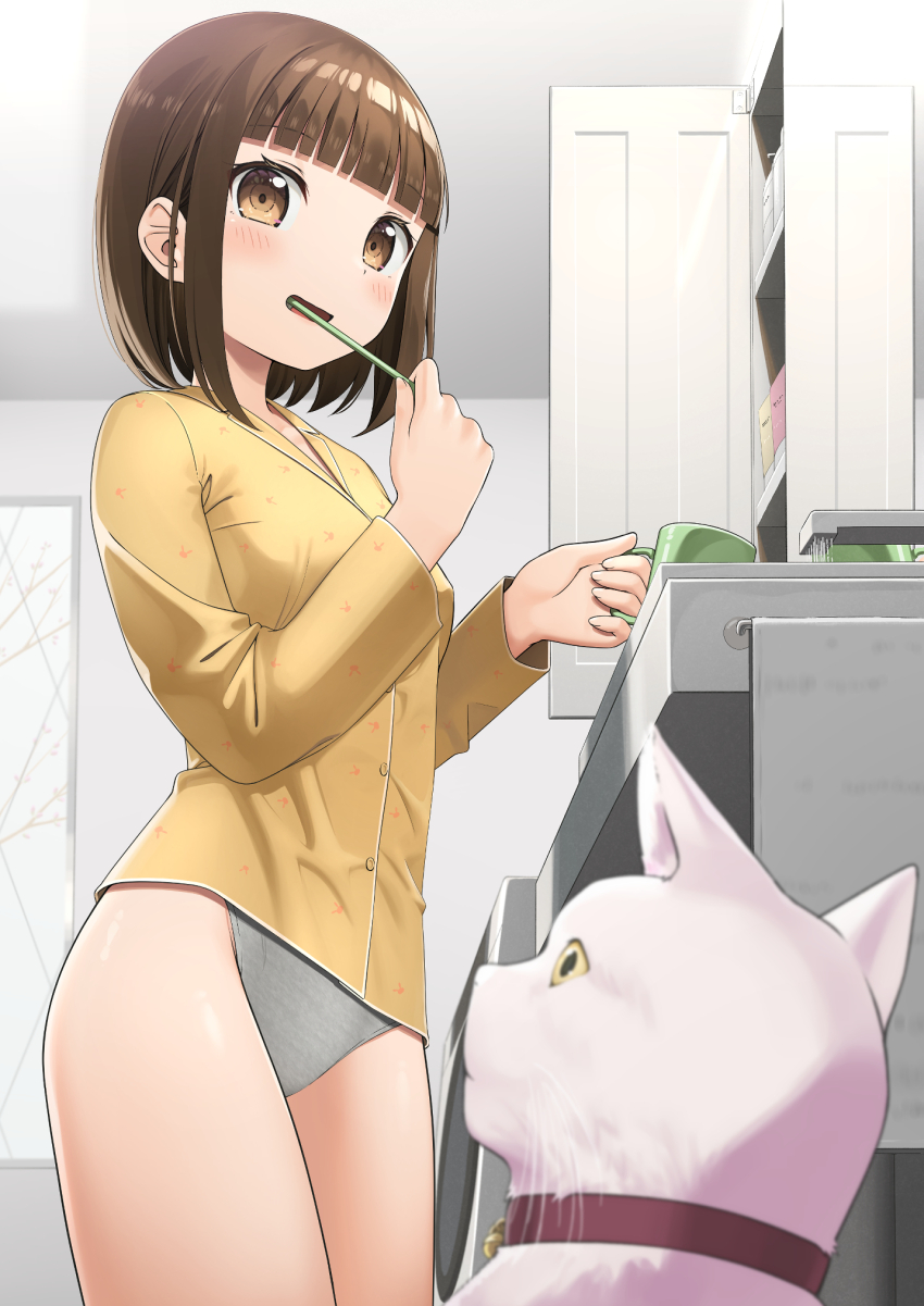 apollo_(hu_maple) bathroom brown_eyes brown_hair brushing_teeth cat commentary_request cup from_below grey_panties highres holding holding_cup holding_toothbrush no_pants original pajamas panties short_hair tagme toothbrush underwear yellow_pajamas