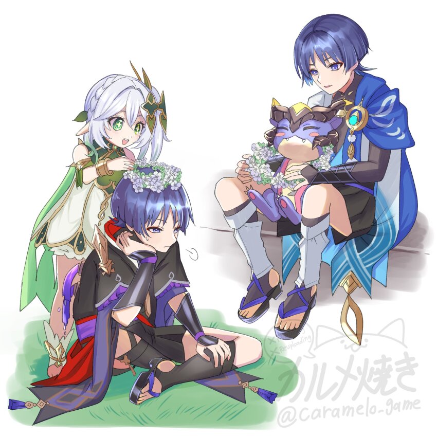 1girl 2boys anklet aqua_gemstone armlet armor behind_another between_thighs black_bodysuit black_kimono black_sandals black_shorts black_sleeves bloomers blue_cape blunt_ends bodysuit bracelet bridal_legwear bright_pupils cape caramelo_game closed_mouth colored_tips cross-shaped_pupils crossed_bangs detached_sleeves dragon dress dual_persona eyelashes eyeliner eyeshadow feathers flower flower_wreath frilled_sleeves frills furisode gem genshin_impact gold gold_trim grass green_cape green_eyes green_hair green_sleeves hair_between_eyes hair_ornament hakama hakama_shorts half_crown_braid hand_on_own_chin highres japanese_armor japanese_clothes jewelry juban kimono kote kurokote layered_sleeves leaf leaf_hair_ornament leg_warmers long_hair looking_to_the_side makeup mandarin_collar mini_durin_(dragon)_(genshin_impact) mini_durin_(genshin_impact) multicolored_hair multiple_boys nahida_(genshin_impact) on_grass parted_lips pleated_shorts pointy_ears pom_pom_(clothes) puff_of_air purple_eyes purple_hair purple_sash purple_sleeves red_eyeliner red_eyeshadow red_kimono red_sash sandals sash scaramouche_(genshin_impact) short_sleeves shorts shoulder_peek side_ponytail sidelocks sitting small_dragon socks standing stirrup_legwear sweatdrop symbol-shaped_pupils tareme tassel toeless_legwear toeless_socks toes tsurime underwear vision_(genshin_impact) wanderer_(genshin_impact) watermark white_background white_bloomers white_dress white_flower white_hair white_kimono white_leg_warmers white_pupils white_socks white_trim yellow_feathers zouri