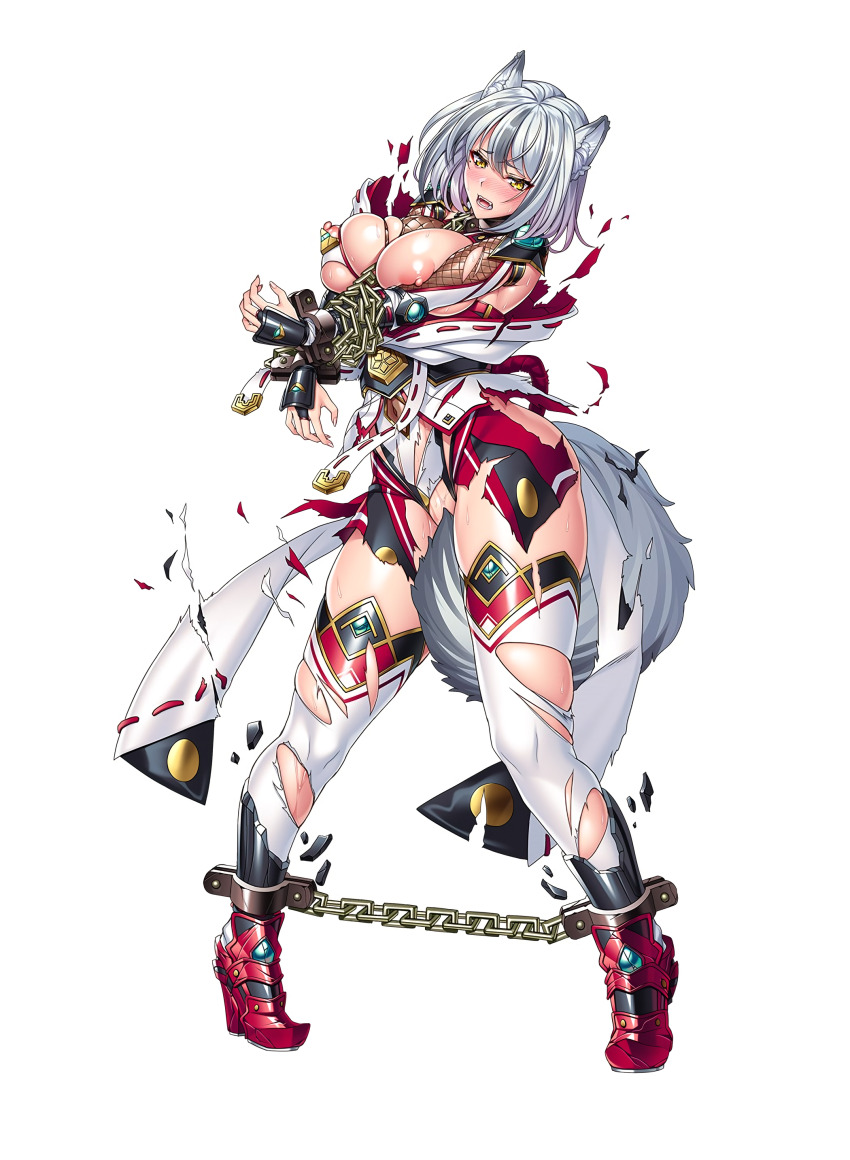 1girl absurdres animal_ears artist_request blush bow bow_(weapon) breasts chain full_body high_heels highres kannagi_kaede large_breasts lilith-soft nipples official_art saijou_satoru silver simple_background solo tail taimanin_(series) taimanin_rpgx torn_clothes weapon white_hair yellow_eyes