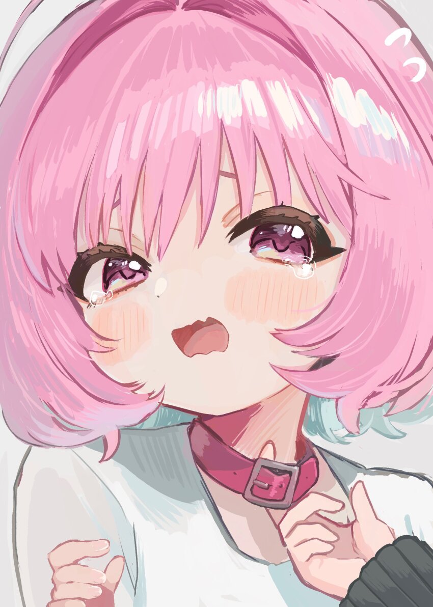 2girls ahoge aqua_hair belt belt_collar black_jacket blush choker choker_pull collar colored_inner_hair flying_sweatdrops hair_intakes highres idolmaster idolmaster_cinderella_girls idolmaster_cinderella_girls_starlight_stage jacket long_sleeves medium_hair multicolored_hair multiple_girls open_mouth pink_belt pink_choker pink_collar pink_eyes pink_hair shirt simple_background solo_focus sukoyaka_(100hituzi) sunazuka_akira tearing_up two-tone_hair white_background white_shirt yumemi_riamu