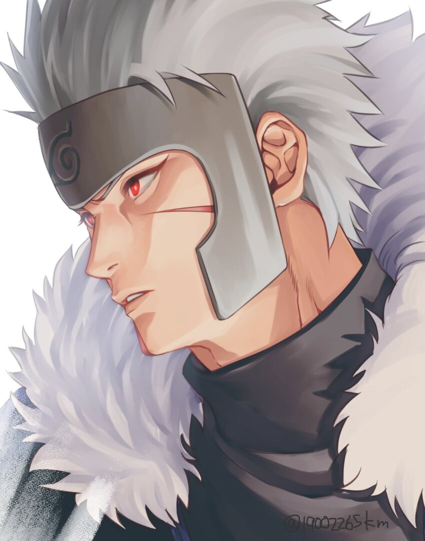 1boy adam&#039;s_apple black_shirt bright_pupils commentary_request eyelashes fur_collar grey_hair highres kemu_(19002265km) looking_ahead male_focus naruto_(series) parted_lips red_eyes scar scar_on_face senju_tobirama shirt short_hair simple_background solo twitter_username white_background white_pupils
