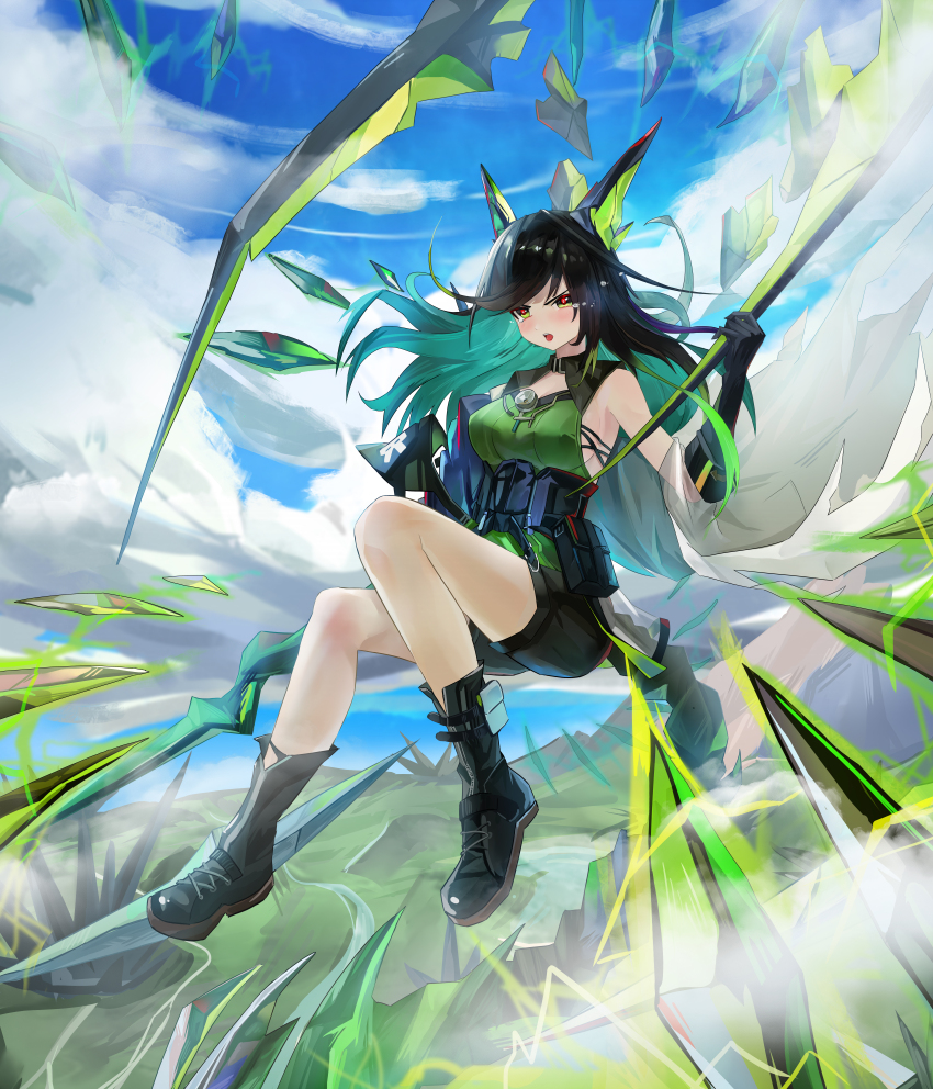1girl :o absurdres angry arknights bare_legs bare_shoulders black_gloves black_hair black_shorts blush boots breasts clothes_pull coat crying crying_with_eyes_open day elbow_gloves facing_viewer floating full_body gloves glowing_pupils green_eyes green_hair highres jacket jacket_pull knee_up knees_together_feet_apart long_hair medium_breasts midair mon3tr_(arknights) multicolored_hair off_shoulder open_clothes open_coat outdoors red_pupils serious short_shorts shorts solo tears two-tone_hair white_coat yi_ke_bo_he_tang