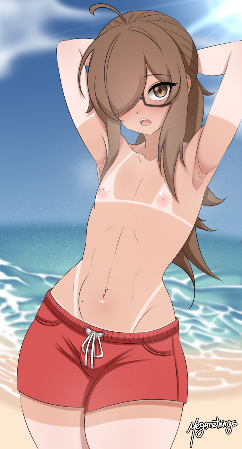 1boy absurdres ahoge armpits arms_behind_head arms_up artist_name beach blue_sky blurry blurry_background blush brown_eyes brown_hair collarbone commentary cowboy_shot day english_commentary glasses hair_over_one_eye highres long_hair looking_at_viewer male_swimwear meganethings mole mole_on_armpit mole_on_nipple mole_on_stomach mole_under_eye multiple_moles navel nipples ocean one_eye_covered open_mouth original outdoors parted_bangs red_male_swimwear red_swim_trunks semi-rimless_eyewear sky solo standing swim_trunks tan tanline teeth trap under-rim_eyewear upper_teeth_only