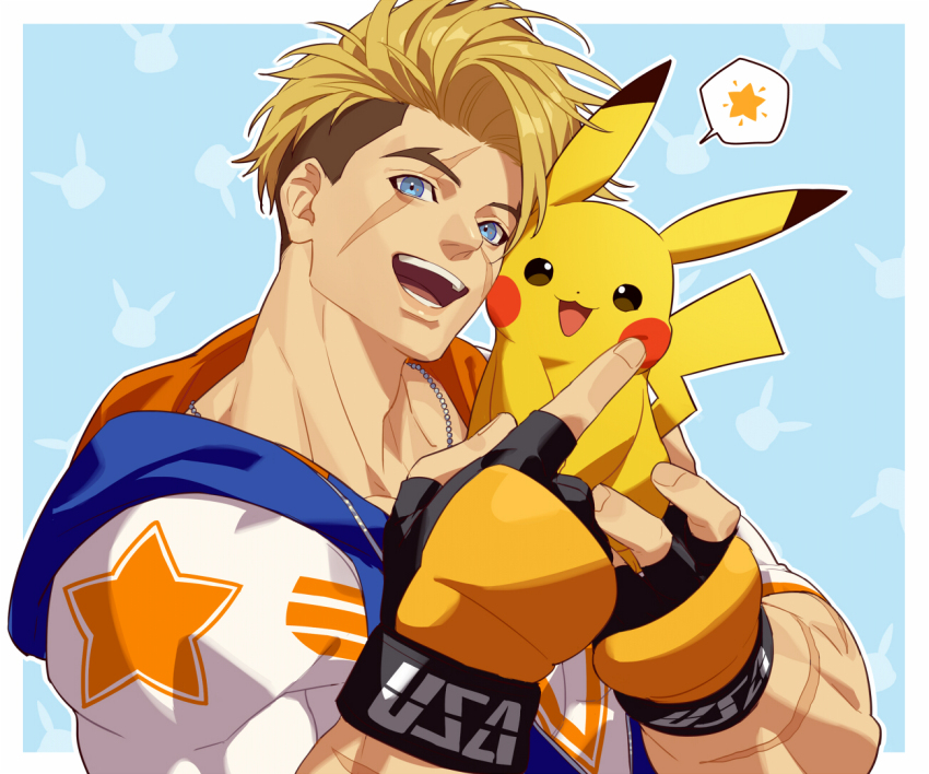 1boy arms_up black_eyes blonde_hair blue_background blue_eyes blue_hoodie border dog_tags facial_scar fingerless_gloves forked_eyebrows game_freak gen_1_pokemon gloves holding holding_pokemon hood hood_down hoodie image_in_speech_bubble index_finger_raised layered_clothes looking_ahead luke_sullivan male_focus mma_gloves multicolored_gloves multicolored_hair multicolored_hoodie multiple_scars nintendo open_mouth pikachu pikachu_print pokemon pokemon_(creature) print_shirt red_circle scar scar_across_eye scar_on_arm scar_on_cheek scar_on_face shirt smile solo speech_bubble star_(symbol) street_fighter street_fighter_6 talgi teeth tongue two-sided_hoodie two-tone_hair upper_body white_border white_shirt yellow_fur