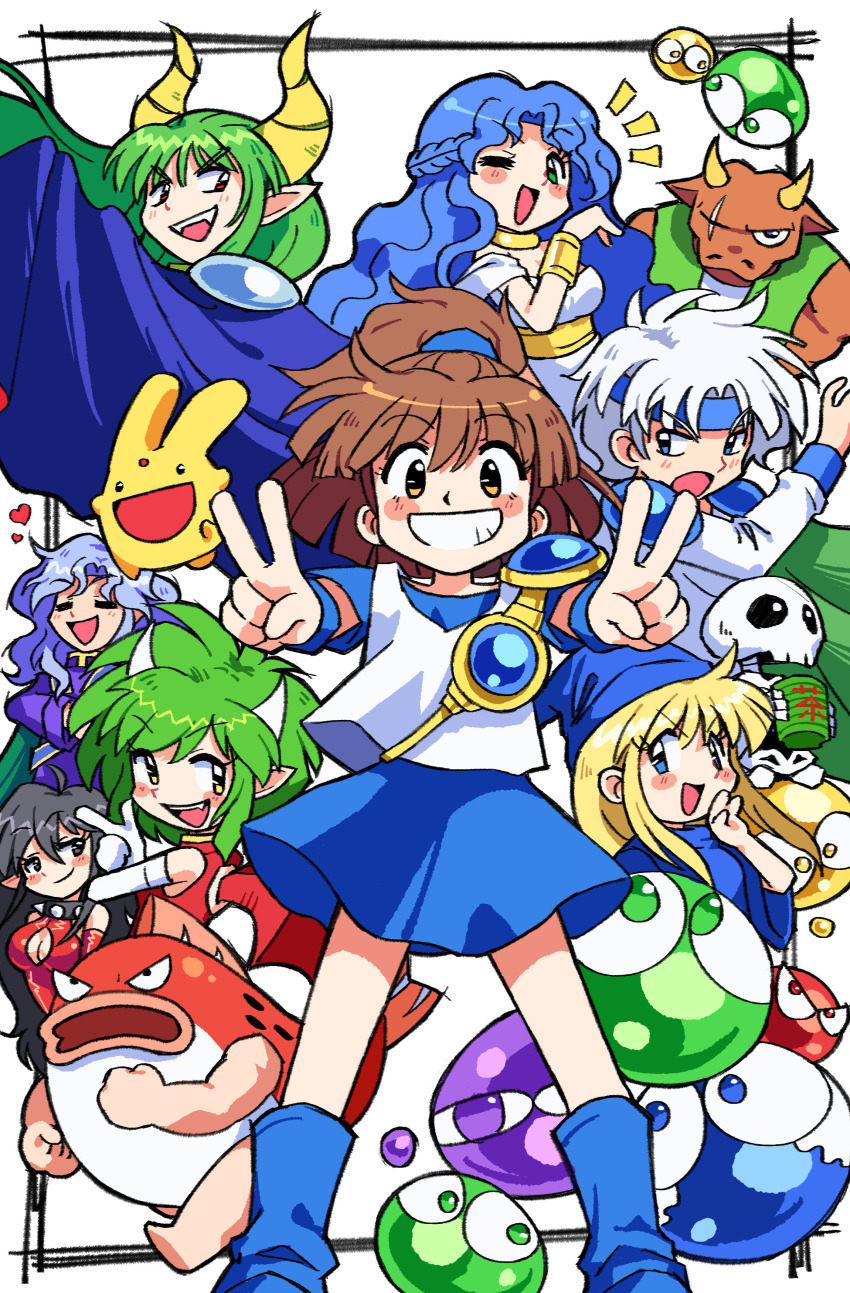 1990s_(style) 3boys 5girls absurdres ahoge arle_nadja armor black_eyes black_hair blonde_hair blue_cape blue_dress blue_eyes blue_footwear blue_hair blue_hat blue_headband blue_skirt blush blush_stickers boots braid brown_hair cape carbuncle_(puyopuyo) closed_eyes closed_mouth collar cup demon_horns draco_centauros dress fang fangs gloves green_eyes green_hair hat headband heart highres holding holding_cup horns incubus_(puyopuyo) leotard long_hair looking_at_viewer madou_monogatari minotaur minotaur_(puyopuyo) multiple_boys multiple_girls ojou-sama_pose open_mouth pointy_ears ponytail purple_hair purple_robe puyo_(puyopuyo) puyopuyo red_eyes red_gloves red_leotard retro_artstyle robe rulue_(puyopuyo) satan_(puyopuyo) scar schezo_wegey shirt short_hair simple_background skeleton skeleton_t skirt spdcooler spiked_collar spikes succubus_(puyopuyo) suketoudara tea v wavy_hair white_background white_dress white_hair white_shirt witch_(puyopuyo) yellow_eyes yellow_horns