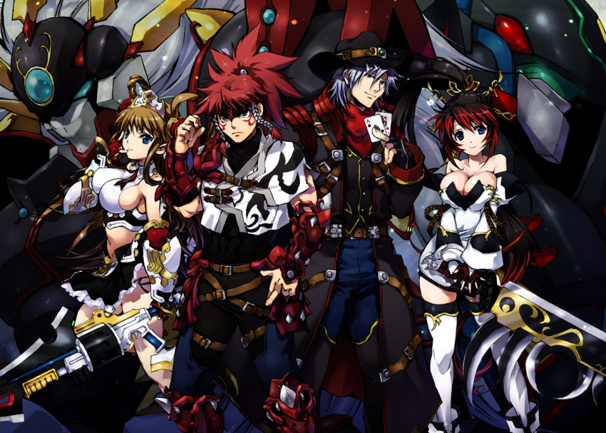 2boys 2girls aledy_naash armor banpresto blue_eyes breasts brown_hair card cleavage coat cowboy cowboy_hat cowboy_western facial_mark fingerless_gloves gauntlets gespenst gloves greaves green_eyes gun hair_ornament harken_browning hat holding holding_card mecha midriff multicolored_hair multiple_boys multiple_girls nakamura_kanko nanbu_kaguya navel neige_hausen playing_card rasatsuki_arkon red_hair robot silver_hair super_robot_wars super_robot_wars_og_saga_mugen_no_frontier super_robot_wars_og_saga_mugen_no_frontier_exceed sword thighhighs trench_coat v_arms weapon western