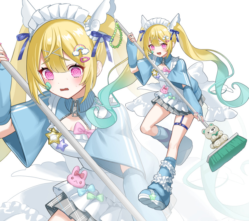 1girl :d @_@ absurdres apron arm_warmers back_bow blonde_hair blue_arm_warmers blue_bow blue_jacket blue_leg_warmers blush bow breasts breasts_out confused facial_mark fangs fingernails flying flying_sweatdrops frilled_apron frills full_body furrowed_brow green_bow green_hair hair_between_eyes hair_ornament hair_ribbon hairclip highres holding holding_mop jacket jersey_maid kiki-yu knees leg_up leg_warmers long_hair looking_down maid maid_apron maid_headdress medium_breasts miniskirt mop multicolored_hair multiple_views nervous_sweating o-ring o-ring_thigh_strap open_mouth original pink_bow pink_eyes pink_nails plaid_clothes plaid_skirt pleated_skirt ribbon ringed_eyes shoes short_sleeves sidelocks simple_background skirt smile sneakers solo star_(symbol) stuffed_animal stuffed_toy sweat thigh_strap thighs track_jacket turtleneck twintails unconventional_maid wavy_mouth white_apron white_background wide_sleeves wing_hair_ornament wings x_hair_ornament zipper zipper_pull_tab zoom_layer