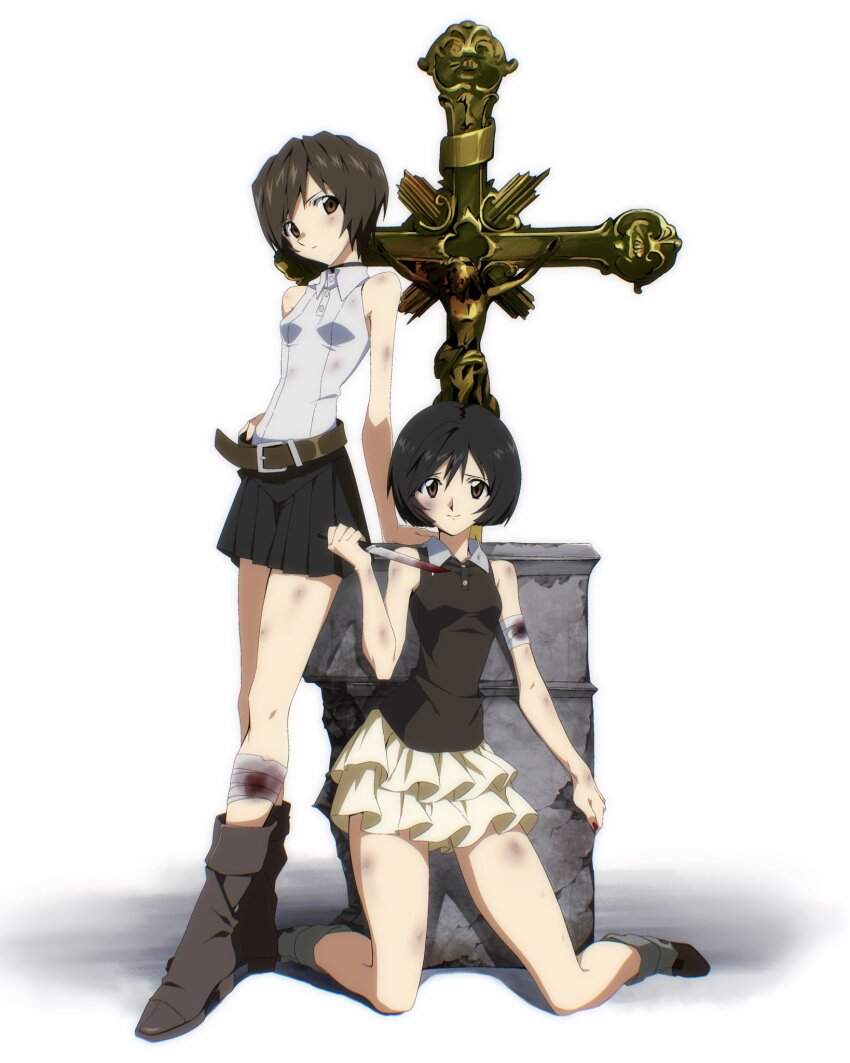 2girls arm_support bandaged_arm bandaged_leg bandages belt black_choker black_hair black_shirt black_skirt blood bloody_bandages bloody_knife boots breasts brown_belt brown_boots brown_eyes brown_hair bruise bruise_on_arm bruise_on_face bruise_on_leg choker closed_mouth collared_shirt cross crucifix dirty dirty_clothes frilled_skirt frills full_body hand_on_own_hip head_tilt highres holding holding_knife injury kneeling knife leaning_on_object looking_at_viewer miko_heb multiple_girls original pleated_skirt raised_inner_eyebrows shirt short_hair simple_background skirt skull sleeveless sleeveless_shirt small_breasts standing white_background white_shirt white_skirt
