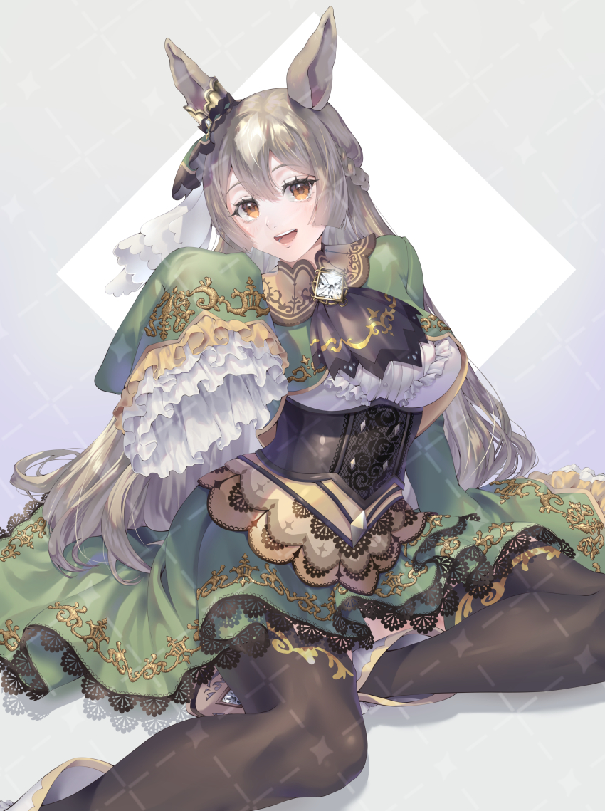 1girl absurdres ah_(mjpg5574) animal_ears ankle_boots ascot black_thighhighs boots bow braid brown_ascot brown_hair commentary corset cropped_jacket double-parted_bangs ear_ornament frilled_footwear frilled_shirt frilled_sleeves frills full_body green_jacket green_skirt half_up_braid half_updo high-low_skirt highres horse_ears horse_girl horse_tail jacket long_hair long_skirt long_sleeves multicolored_hair on_ground orange_eyes satono_diamond_(umamusume) shirt simple_background sitting skirt sleeves_past_wrists solo streaked_hair tail thighhighs umamusume underbust very_long_hair watermark white_background white_boots white_shirt yokozuwari