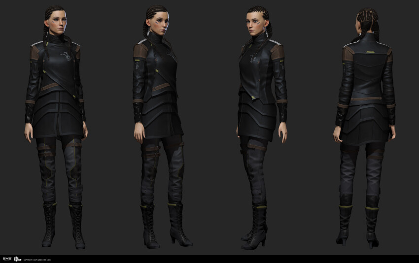 1girl 3d belt black_boots black_hair black_jacket black_skirt bokaja_(jakob_falkenberg) boots braid brown_belt caldari_state_(eve_online) closed_mouth commentary company_logo company_name copyright_logo copyright_name dated emblem eve_online expressionless facial_tattoo from_behind from_side full_body grey_background grey_eyes grey_pants grey_theme guristas_pirates_(eve_online) high-waist_skirt high_heels highres jacket knee_boots lace-up_boots leather leather_jacket light_blush lip_piercing lip_ring lips logo long_hair long_sleeves low_twin_braids maya_(medium) miniskirt multiple_views nose official_art pants photoshop_(medium) piercing pirate_faction_(eve_online) realistic scar scar_on_face simple_background skirt skull_print standing tattoo thigh_belt thigh_strap twin_braids wrist_belt zbrush_(medium)