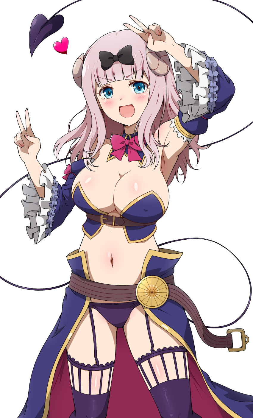 1girl ^^^ absurdres arm_up armpits belt bikini black_bow blue_bikini blue_eyes blue_sleeves blue_thighhighs blunt_bangs blush bow bowtie breasts brown_belt cleavage commentary_request cosplay covered_erect_nipples cowboy_shot crisis_management_form_(machikado_mazoku) curled_horns demon_girl demon_horns demon_tail detached_collar detached_sleeves double_v eggman_(ni_tamagoex) embarrassed frilled_sleeves frills fujiwara_chika garter_straps hair_bow hand_up highres horns kaguya-sama_wa_kokurasetai_~tensai-tachi_no_renai_zunousen~ kohara_konomi large_breasts long_hair looking_at_viewer machikado_mazoku navel open_mouth pink_hair red_bow red_bowtie revealing_clothes simple_background smile solo stomach strapless strapless_bikini swimsuit tail thighhighs v v_over_head voice_actor_connection waist_cape white_background wide_sleeves yoshida_yuuko_(machikado_mazoku) yoshida_yuuko_(machikado_mazoku)_(cosplay)