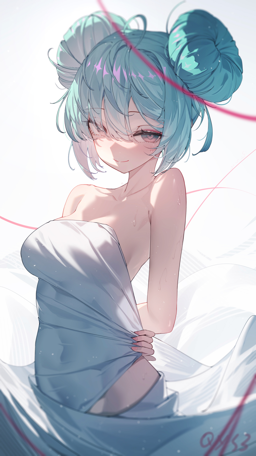 1girl absurdres alternate_hairstyle aqua_hair arms_behind_back artist_name bare_shoulders blush breasts cleavage closed_mouth collarbone covered_navel cowboy_shot curtains double_bun hair_between_eyes hair_bun hatsune_miku heart heart-shaped_pupils highres looking_at_viewer medium_breasts qys3 red_eyes revision short_hair signature simple_background smile solo string sweat symbol-shaped_pupils variant_set vocaloid white_background