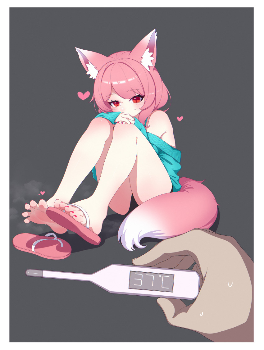 1boy 1girl absurdres animal_ear_fluff animal_ears barefoot black_panties blue_shirt digital_thermometer feet fox_ears fox_girl fox_tail grey_background heart highres knees_to_chest knees_up legs looking_at_viewer nail_polish no_pants original panties pants pink_hair pov red_eyes right_shoe_removed sandals shirt short_hair simple_background single_sandal sitting soles tail thermometer thighs toenail_polish toenails toes underwear yao_(pixiv9482697)