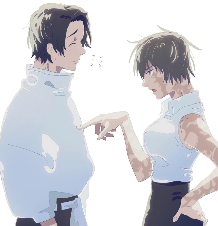 1boy 1girl artist_request belt black_hair black_pants blush body_markings burn_scar closed_eyes collared_shirt facial_mark green_hair grey_eyes hand_on_own_hip high-waist_pants highres jujutsu_kaisen looking_at_another non-web_source okkotsu_yuuta open_mouth pants pixie_cut pointing pointing_at_another scar scar_on_arm scar_on_face shirt short_hair sidelocks sleeveless sleeveless_shirt smile source_request talking white_background white_belt white_shirt zen&#039;in_maki