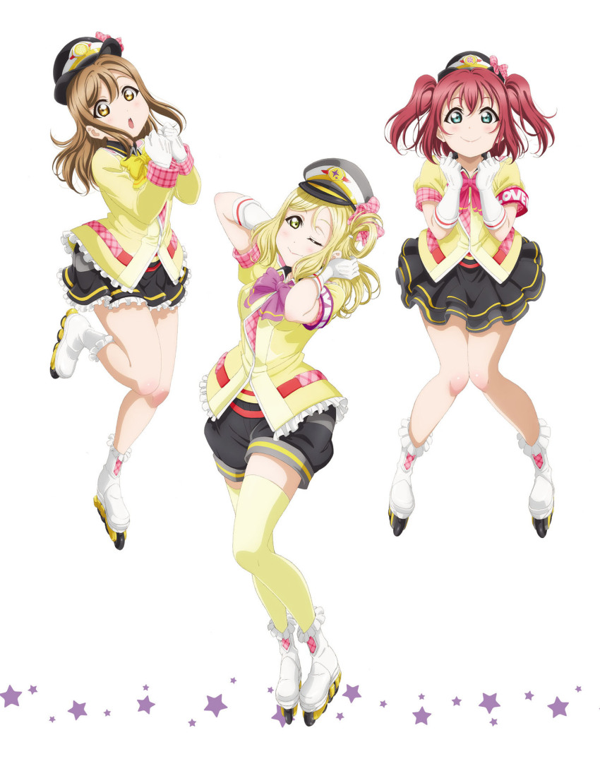 3girls ;) aqua_eyes artbook black_shorts black_skirt blonde_hair blush boots bow bowtie braid brown_hair frilled_skirt frills full_body gloves hair_rings hat highres jacket kunikida_hanamaru kurosawa_ruby long_hair looking_at_viewer love_live! love_live!_sunshine!! multiple_girls necktie non-web_source official_art ohara_mari one_eye_closed open_mouth own_hands_together pink_bow purple_bow red_hair ribbon roller_skates shirt short_sleeves shorts simple_background skates skirt smile standing standing_on_one_leg star_(symbol) thighhighs two_side_up white_background white_gloves yellow_eyes yellow_jacket yellow_shirt