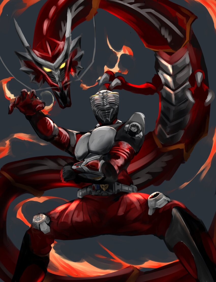 1boy advent_deck armor belt belt_buckle bodysuit buckle dragreder dragvisor fire grey_background helmet highres kamen_rider kamen_rider_ryuki kamen_rider_ryuki_(series) kintsuba_(kintsuba_08) male_focus non-humanoid_robot red_bodysuit robot robot_dragon simple_background solo_focus v_buckle