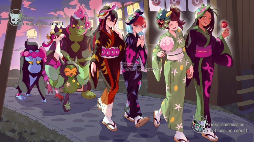 4girls ariekochan black_hair black_kimono blue_hair blush breasts brown_eyes brown_hair candy_apple carmine_(pokemon) closed_eyes closed_mouth colored_inner_hair cotton_candy crossed_bangs dark-skinned_female dark_skin eyelashes festival fezandipiti food freckles glasses green_hair green_kimono grey_eyes hair_between_eyes highres holding holding_candy_apple holding_cotton_candy holding_food holding_hands japanese_clothes juliana_(pokemon) kimono long_hair long_sleeves mask mask_on_head mole mole_under_eye multicolored_hair multiple_girls munkidori nemona_(pokemon) nintendo ogerpon ogerpon_(teal_mask) okidogi open_mouth penny_(pokemon) pokemon pokemon_(creature) pokemon_sv print_kimono red_hair round_eyewear sandals sash short_hair smile streaked_hair summer_festival two-tone_hair yellow_eyes