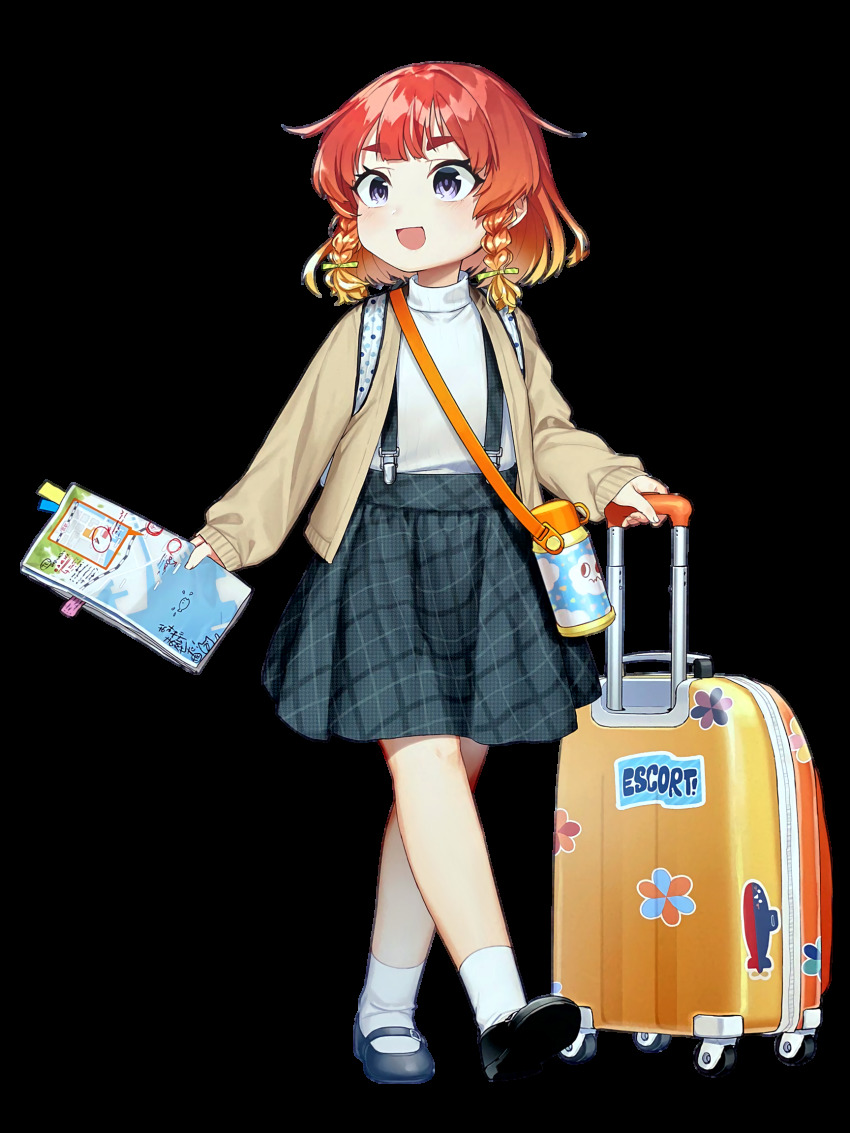 1girl akasaka_yuzu backpack bag blonde_hair blue_skirt braid brown_jacket etorofu_(kancolle) gradient_hair highres holding holding_map jacket kantai_collection long_sleeves luggage map multicolored_hair official_alternate_costume official_art open_mouth plaid_clothes plaid_skirt purple_eyes red_hair rolling_suitcase side_braids skirt socks solo suitcase suspender_skirt suspenders thick_eyebrows transparent_background walking white_socks