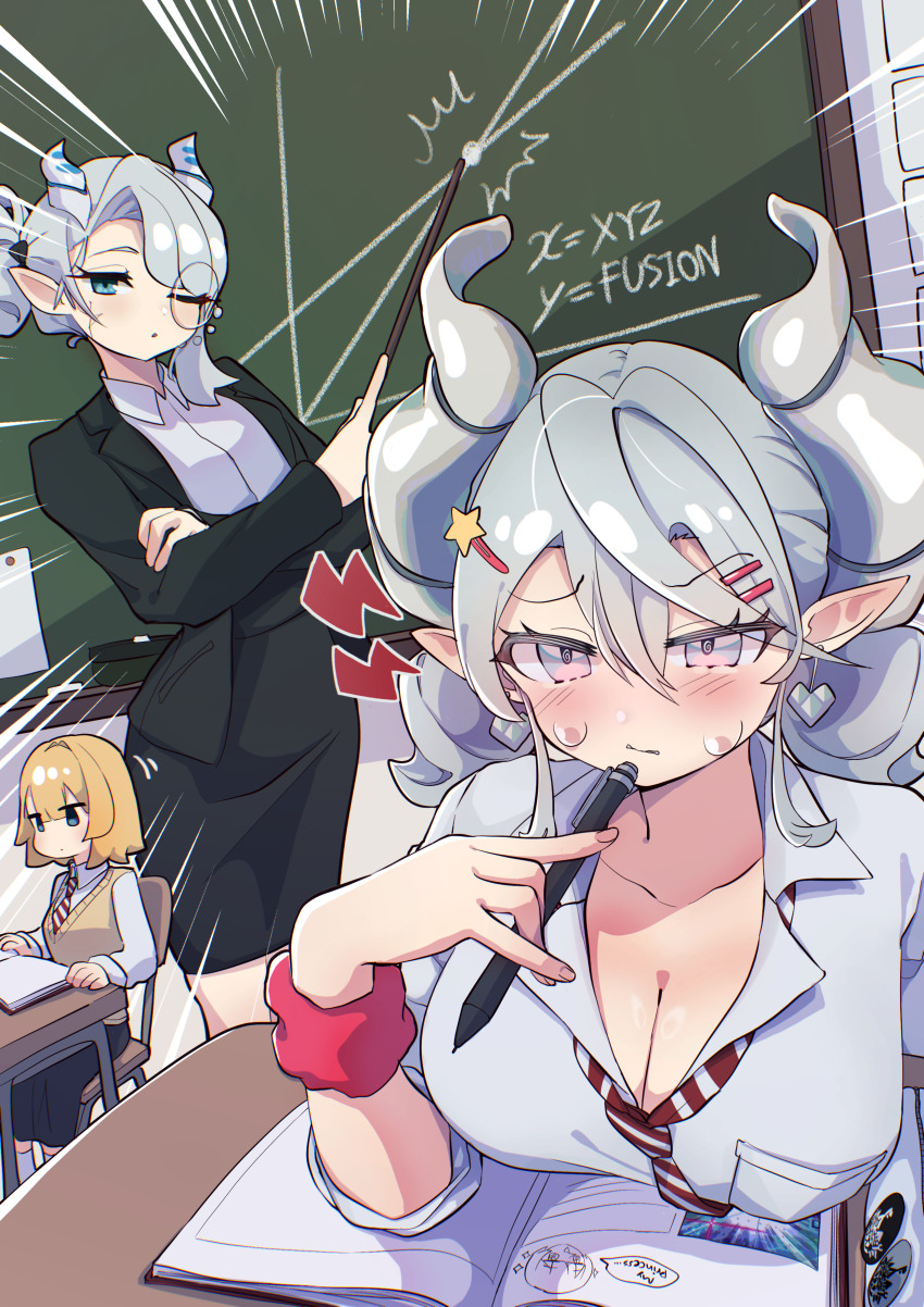 1boy 2girls ;o absurdres alternate_costume arias_the_labrynth_butler blonde_hair blush breasts c_civciv chalkboard cleavage commentary_request desk diagonal-striped_clothes diagonal-striped_necktie dragon_horns duel_monster emphasis_lines graph grey_hair highres holding holding_pen holding_stick horns indoors knight_(yu-gi-oh!) large_breasts lightning_bolt_symbol lovely_labrynth_of_the_silver_castle monocle multiple_girls necktie one_eye_closed pen pointy_ears school_desk school_uniform shirt stick striped_clothes sweatdrop white_shirt yu-gi-oh!