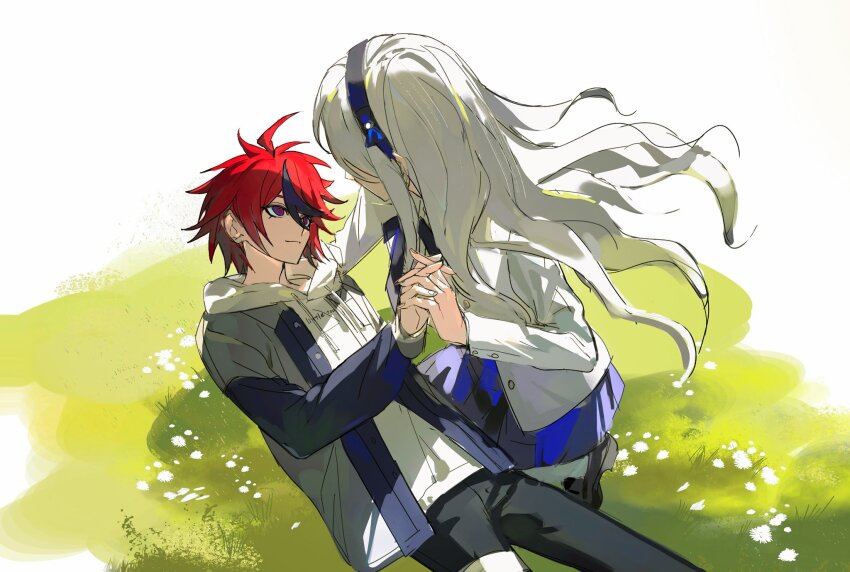 1boy 1girl ahoge binxngchng1 black_hairband black_jacket black_pants black_ribbon black_shoes black_skirt black_streaks blue_eyes bow_hairband grey_jacket hairband hand_on_another&#039;s_head highres holding_hands hood hoodie interlocked_fingers jacket jacket_over_hoodie kashimiya_karua kneeling light_smile long_hair looking_at_another multicolored_hair multicolored_jacket neck_ribbon open_clothes open_jacket pants red_hair ribbon shoes short_hair skirt streaked_hair sumino_takumi the_hundred_line_-last_defense_academy- two-tone_jacket white_hoodie white_jacket