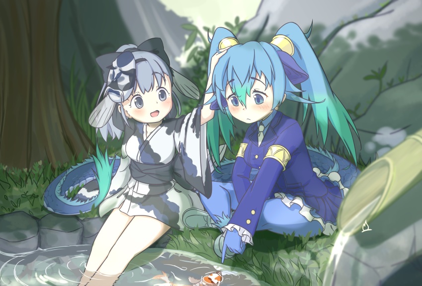 2girls animal_ears blue_eyes blue_hair blush bow breasts carp comforting day dragon_girl dragon_tail extra_ears fins fish fish_girl fish_tail gloves grass grey_eyes grey_hair hair_between_eyes headpat highres jacket japanese_clothes jinmen-gyo_(kemono_friends) kemono_friends kemono_friends_3 kimono koi long_hair long_sleeves mask mask_on_head multicolored_hair multiple_girls nature necktie onefiresticks open_mouth outdoors pantyhose partially_submerged pond ponytail ribbon seiryuu_(kemono_friends) shirt short_hair sitting skirt smile soaking_feet tail tree twintails water