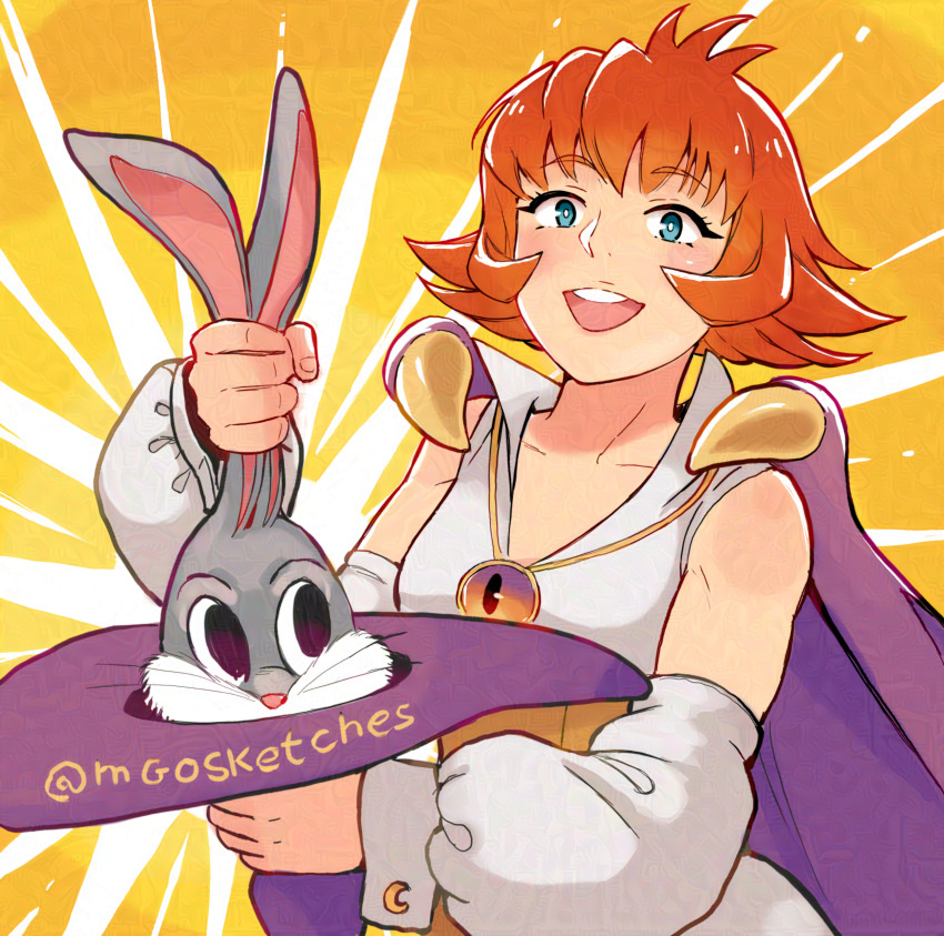 1boy 1girl :d absurdres animal_ears black_eyes blue_eyes bodysuit bugs_bunny capcom cape detached_sleeves hair_between_eyes hat highres jewelry looney_tunes mango_(mgosketches) open_mouth pendant purple_cape rabbit rabbit_ears red_hair short_hair smile tabasa whiskers white_bodysuit witch witch_hat