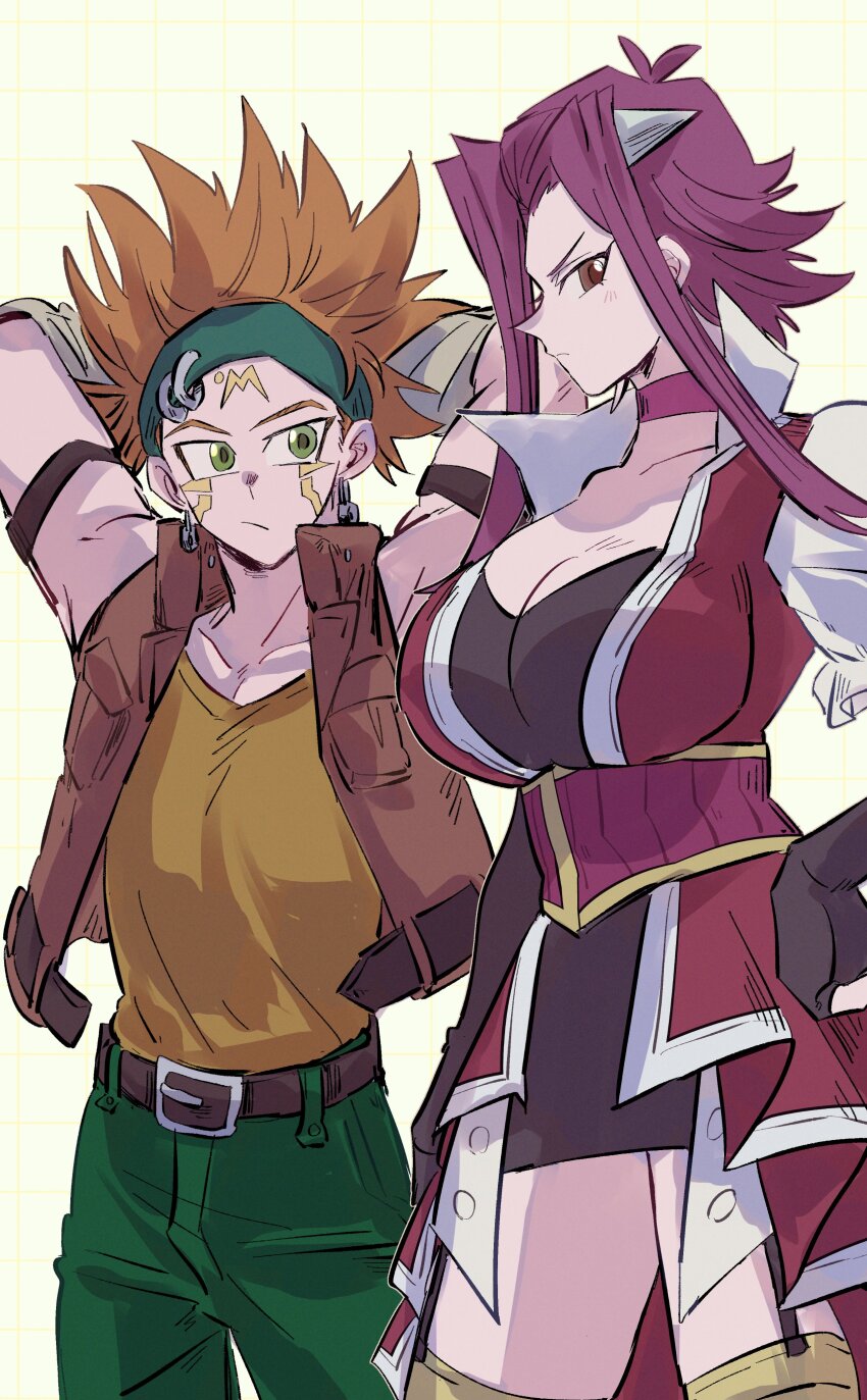 1boy 1girl absurdres arms_behind_head bibiri_(r42r98r) black_gloves breasts brown_eyes brown_vest cleavage collarbone cowboy_shot crow_hogan dress fingerless_gloves gloves green_eyes green_pants hand_on_own_hip highres izayoi_aki large_breasts medium_hair orange_hair orange_shirt pants red_dress red_hair shirt simple_background teardrop_facial_mark vest white_background yu-gi-oh! yu-gi-oh!_5d&#039;s