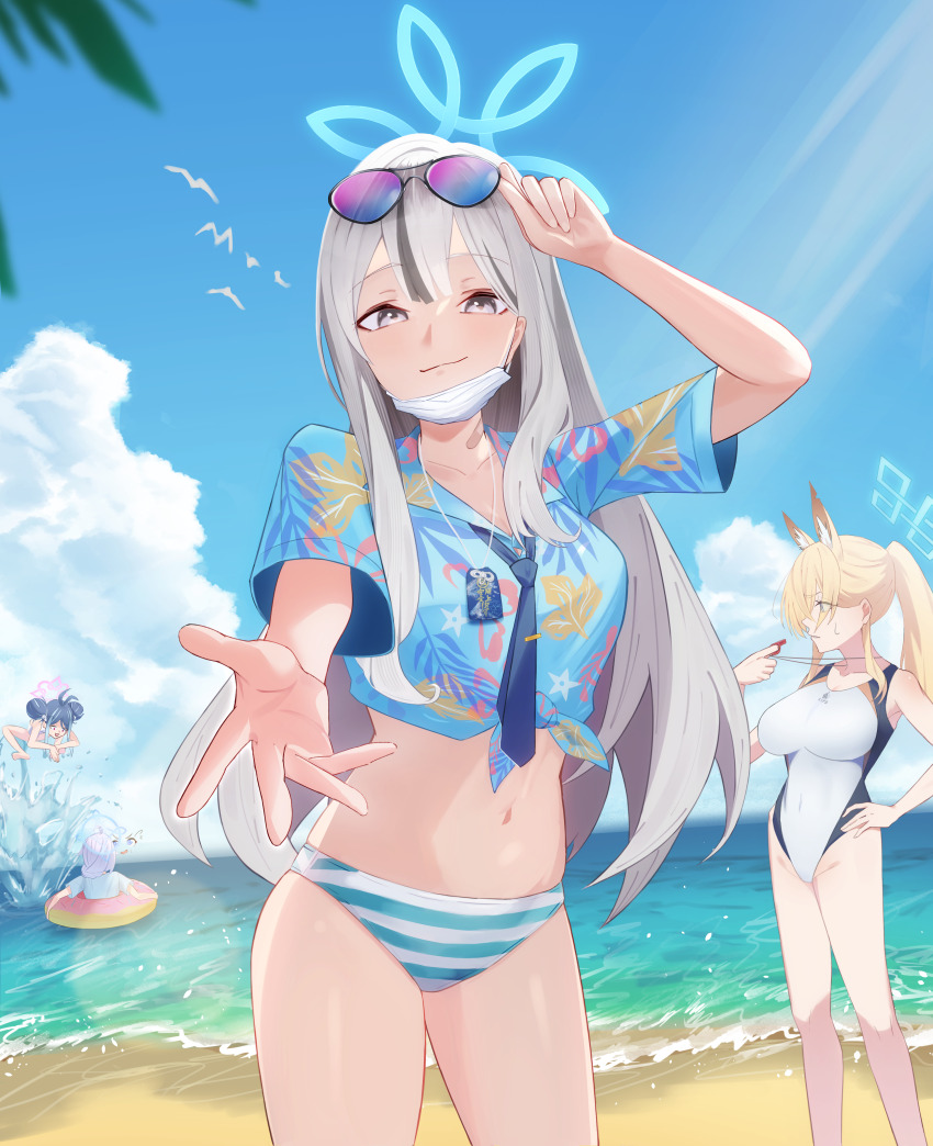 1girl absurdres animal_ear_fluff animal_ears beach bikini blonde_hair blue_archive blue_eyes blue_halo blue_shirt breasts competition_swimsuit covered_navel dog_ears dog_girl double_bun extra_ears eyewear_on_head fubuki_(blue_archive) fubuki_(swimsuit)_(blue_archive) grey_hair hair_bun hair_over_one_eye halo hawaiian_shirt highleg highleg_one-piece_swimsuit highres horizon innertube kanna_(blue_archive) kanna_(swimsuit)_(blue_archive) kencya0327 kirino_(blue_archive) kirino_(swimsuit)_(blue_archive) konoka_(blue_archive) large_breasts long_hair looking_at_viewer notched_ear ocean official_alternate_costume one-piece_swimsuit ponytail shirt solo striped_bikini striped_clothes sunglasses swim_ring swimsuit white_one-piece_swimsuit