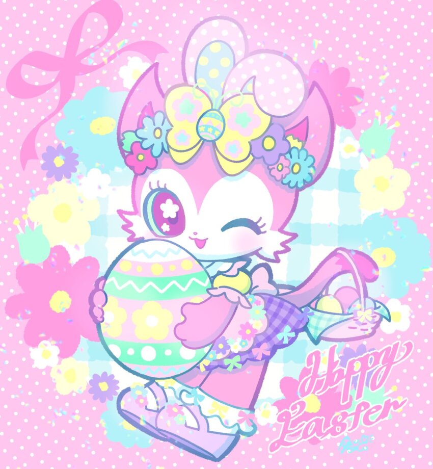 1girl :3 alternate_costume animal_ears apron basket beatcats blush bow cat_ears cat_girl cat_tail commentary dress easter easter_egg egg english_commentary fake_animal_ears flower furry furry_female head_wreath highres holding holding_egg looking_at_viewer magicalmirurun mia_(beatcats) one_eye_closed oversized_object pink_apron pink_eyes pink_fur purple_dress purple_shoes rabbit_ears sanrio shoes socks solo star-shaped_pupils star_(symbol) symbol-shaped_pupils tail white_socks yellow_bow