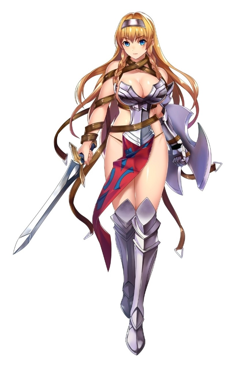 10s 1girl armor armored_boots artist_request bikini bikini_armor black_panties blonde_hair blue_eyes boots braid breasts cleavage female_focus front_braid full_body gauntlets greaves hairband highres holding holding_sword holding_weapon kawasumi_ayako large_breasts leina_(queen&#039;s_blade) long_hair looking_at_viewer no_bra official_art panties pelvic_curtain queen&#039;s_blade queen&#039;s_blade_unlimited redesign revealing_clothes shield shiny_skin side_braids solo standing swimsuit sword thong twin_braids underwear voice_actor_connection weapon white_background