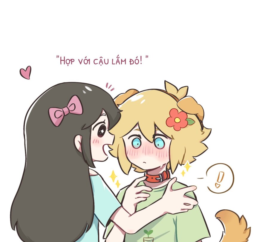 ! 1boy 1girl aged_down animal_collar animal_ears aubrey_(faraway)_(omori) aubrey_(omori) basil_(faraway)_(omori) basil_(omori) black_eyes black_hair blonde_hair blue_dress blue_eyes bow collar commentary_request dog_boy dog_ears dog_tail dress green_shirt hair_bow heart highres kemonomimi_mode ni12345670 off_shoulder omori pink_bow red_collar shirt sparkle spoken_exclamation_mark sweatdrop t-shirt tail translation_request vietnamese_commentary vietnamese_text
