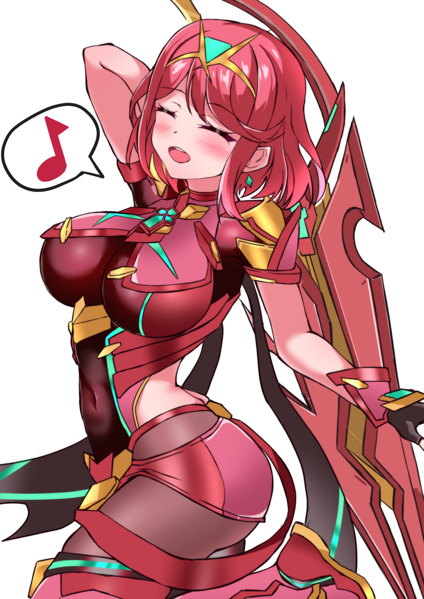 1girl absurdres aegis_sword_(xenoblade) bob_cut breasts chest_jewel core_crystal_(xenoblade) earrings floating_earrings gem headpiece highres jewelry large_breasts otama_(otama_ladle23) pyra_(xenoblade) red_hair red_shorts shorts swept_bangs tiara weapon xenoblade_chronicles_(series) xenoblade_chronicles_2