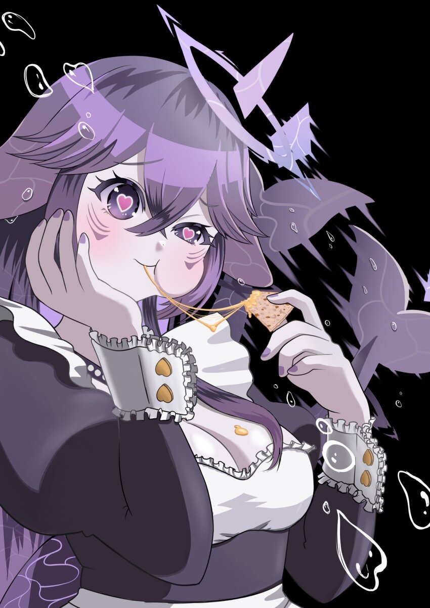 1girl black_dress blush breasts bubble cheese cheese_trail cleavage crossed_bangs dress f_yutaro79 facial_mark fins fish_tail food hair_between_eyes hand_on_own_cheek hand_on_own_face heart heart-shaped_pupils highres indie_virtual_youtuber long_hair maid megalodon_(vtuber) motion_blur pink_pupils purple_eyes purple_nails shark_girl shark_tail symbol-shaped_pupils tail upper_body virtual_youtuber whisker_markings