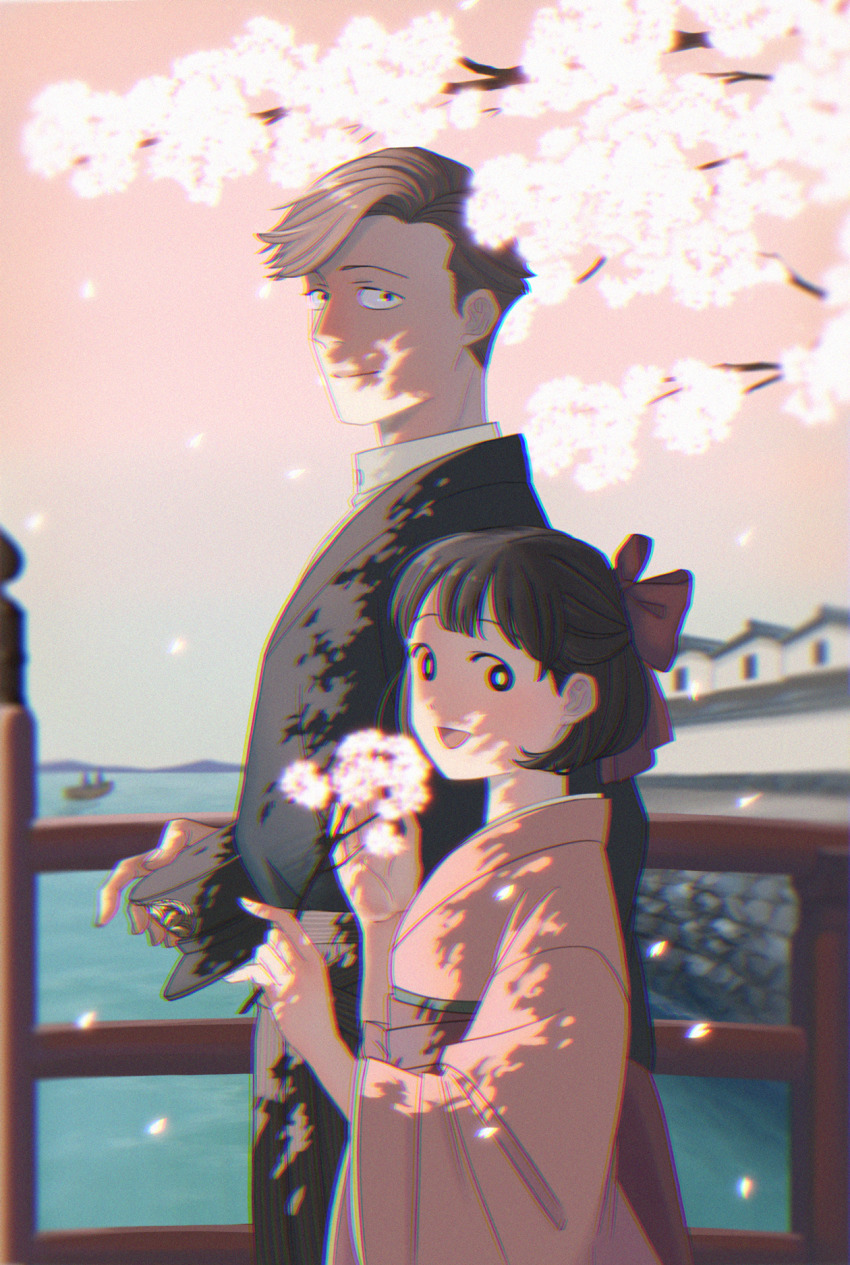 1boy 1girl :d aged_up black_hair black_headwear blurry blurry_background bob_cut bow branch bridge brown_hair cherry_blossoms chibi_maruko-chan chromatic_aberration dappled_sunlight day flower from_side hair_bow hakama hakama_skirt half_updo hanawa_kazuhiko hat heavy_chromatic_aberration height_difference highres holding holding_branch holding_unworn_clothes holding_unworn_hat japanese_clothes kimono long_sleeves looking_at_viewer looking_to_the_side meiji_schoolgirl_uniform open_mouth outdoors posha-art red_bow red_hakama red_kimono sakura_momoko short_hair side-by-side skirt sky smile sunlight unworn_hat unworn_headwear upper_body wide_sleeves