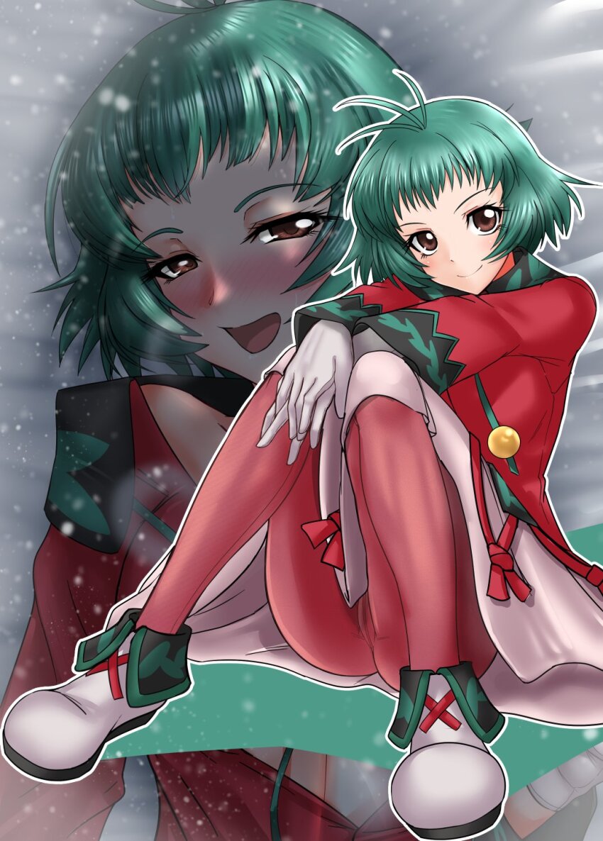1girl antenna_hair bed blush brown_eyes coat commission farah_oersted farah_oersted_(snow_festival) gloves green_hair half-closed_eyes hands_on_own_knees highres knees_together_feet_apart large_variant_set looking_at_viewer official_alternate_costume on_bed open_mouth pantyhose pochiiru_(uowou) red_coat red_pantyhose short_hair smile snow solo steam tales_of_(series) tales_of_asteria tales_of_eternia tales_of_the_rays variant_set very_short_hair white_gloves