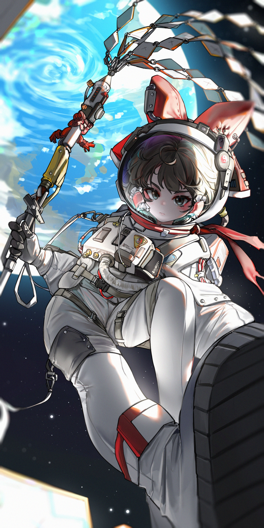 1girl absurdres adapted_costume adapted_object astronaut brown_hair closed_mouth earth_(planet) frilled_hair_tubes frills grey_eyes hair_tubes hakurei_reimu helmet highres kourou_(kouroukun) looking_at_viewer planet rope shimenawa sidelocks solo space space_helmet spacesuit touhou yin_yang yin_yang_print