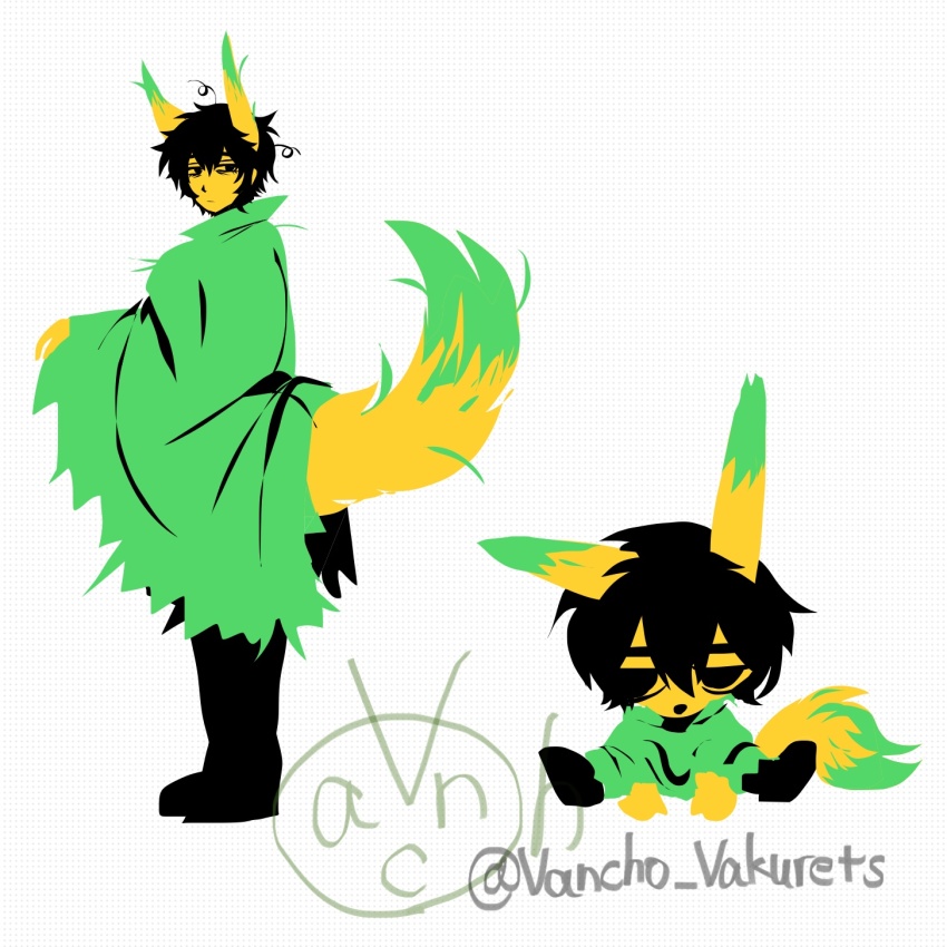 1boy animal_ears black_eyes black_hair black_pants black_shoes chibi closed_mouth colored_skin e.g.o_(project_moon) fox_ears fox_tail full_body green_raincoat highres limbus_company limited_palette looking_at_viewer male_focus multiple_views pants project_moon raincoat shoes simple_background solo standing sunshower_(e.g.o) tail vancho_vakurets white_background yellow_skin yi_sang_(project_moon)