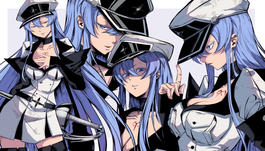 1girl absurdres adjusting_clothes adjusting_headwear akame_ga_kill! belt black_belt blue_eyes blue_hair border breast_pocket breasts chest_tattoo cleavage colored_eyelashes contrapposto cowboy_shot double-parted_bangs dress esdeath from_side grey_background hair_between_eyes hair_over_one_eye half-closed_eyes hand_on_own_chest hat highres index_finger_raised jesse_schickler large_breasts long_hair looking_at_viewer military_hat military_uniform multiple_views one_eye_covered outside_border parted_lips peaked_cap pocket profile rapier standing sword tattoo teeth thick_eyelashes upper_body very_long_hair weapon white_border white_dress white_hat