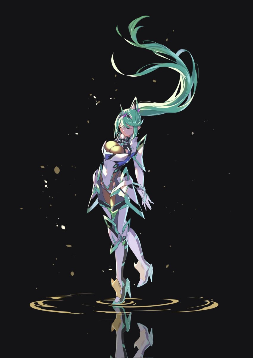 1girl armor armored_bodysuit boots breasts chest_jewel closed_eyes core_crystal_(xenoblade) earrings green_hair headpiece hehe_jun high_heel_boots high_heels highres jewelry large_breasts long_hair pneuma_(xenoblade) ponytail reflection reflective_water solo swept_bangs tiara very_long_hair xenoblade_chronicles_(series) xenoblade_chronicles_2