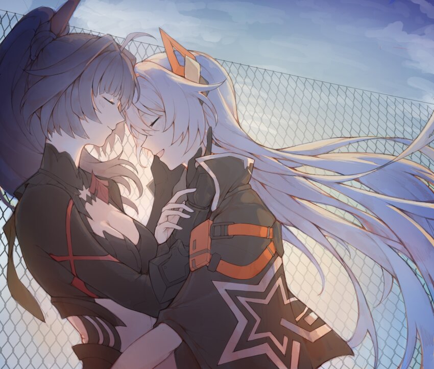 2girls absurdres ahoge black_dress black_gloves black_jacket cleavage_cutout closed_eyes clothing_cutout commentary dress english_commentary from_side gloves high_ponytail highres honkai_(series) honkai_impact_3rd jacket kiana_kaslana kiana_kaslana_(void_drifter) long_hair long_sleeves multiple_girls ohhnyoo open_mouth ponytail purple_hair raiden_mei raiden_mei_(danzai_spectramancer) raiden_mei_(orochi_cuirass) smile upper_body very_long_hair white_hair yuri