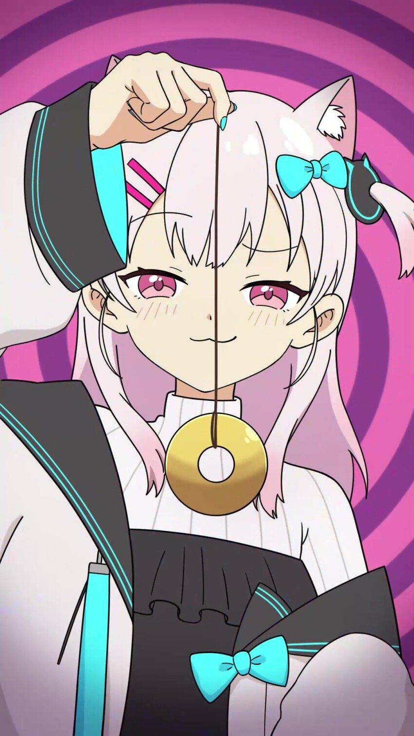 1girl :3 animal_ear_fluff animal_ears arm_up black_dress blue_bow bow cat_ears cat_hair_ornament closed_mouth commentary_request dress frilled_dress frills grey_hair hair_bow hair_ornament hairclip half-closed_eyes highres holding hypnosis indie_virtual_youtuber jacket long_hair long_sleeves looking_at_viewer mind_control natsume_eri natsume_eri_(vtuber) one_side_up pink_eyes puffy_long_sleeves puffy_sleeves ribbed_shirt shirt solo spiral_background strapless strapless_dress turtleneck turtleneck_shirt upper_body virtual_youtuber white_jacket white_shirt wide_sleeves