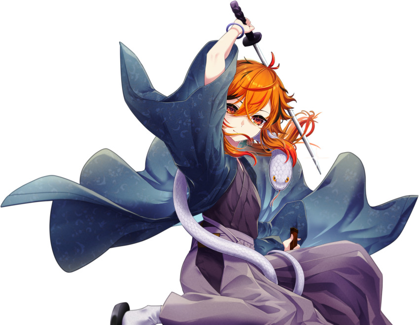 1girl alternate_costume arm_up black_hair black_kimono black_sandals blue_jacket chinese_zodiac closed_mouth feet_out_of_frame grey_pants hair_between_eyes hakama hakama_pants haori highres hip_vent holding holding_sword holding_weapon jacket japanese_clothes katana kazami_kuku kimono long_bangs long_hair multicolored_hair nanashi_inc. orange_eyes orange_hair pants red_hair reona_kfc02 sandals simple_background smile snake socks solo streaked_hair sword transparent_background virtual_youtuber weapon white_snake white_socks year_of_the_snake