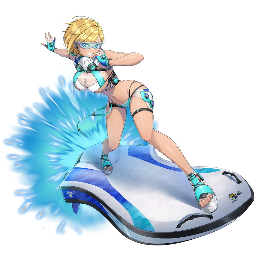 1girl bikini blonde_hair blue_bikini blue_eyes bob_cut breasts cleavage clenched_teeth dark-skinned_female dark_skin dolphin dolphin_wave fingerless_gloves game_cg gas_mask gloves highres large_breasts looking_at_viewer mask murahaya_mashio navel non-web_source official_art ootomo_takuji platform_sandals sandals smile standing surfboard surfing swimsuit teeth thigh_strap transparent_background water