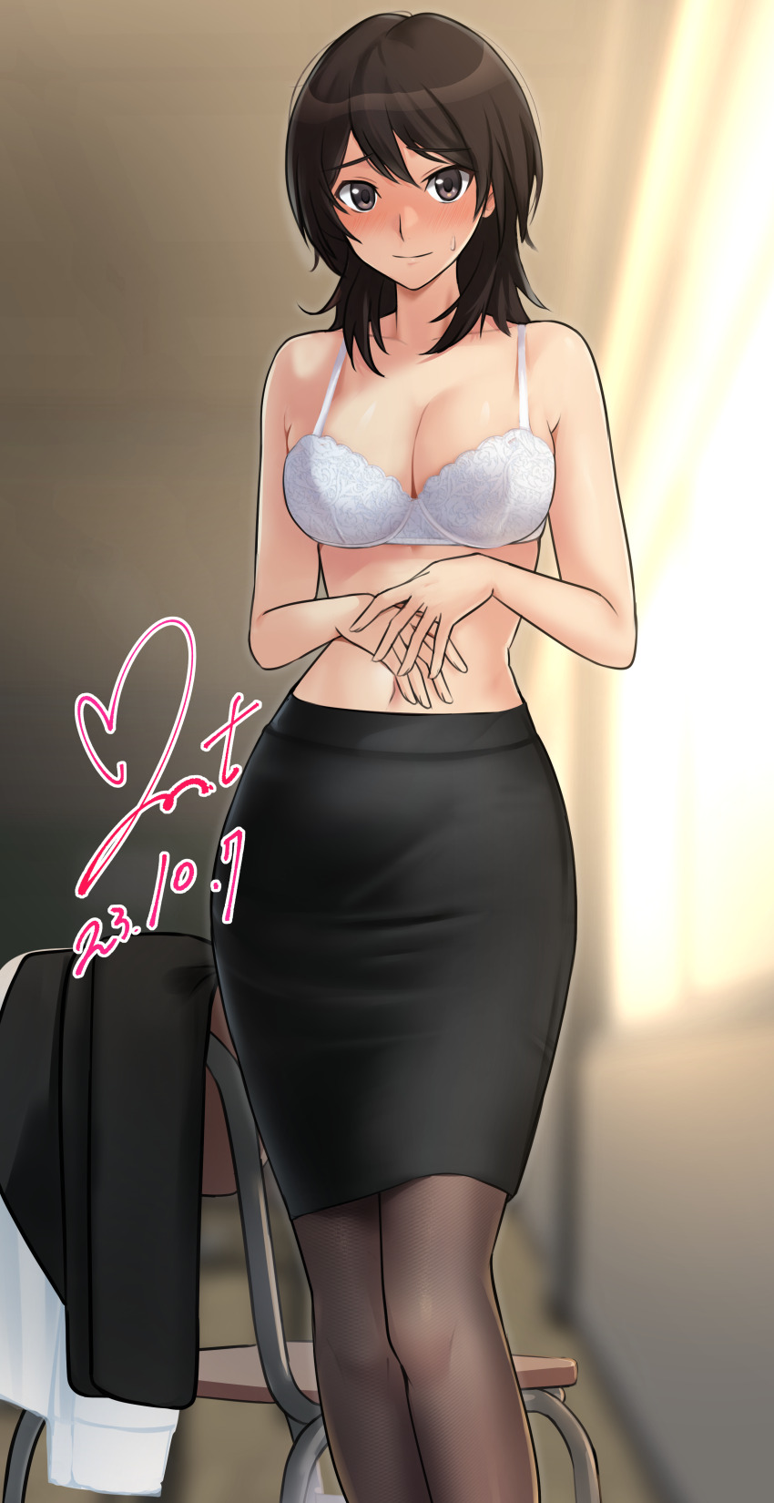 1girl absurdres amagami bare_shoulders blush bra breasts brown_eyes brown_hair brown_pantyhose chair cleavage closed_mouth collarbone commission dated highres indoors jacket unworn_jacket large_breasts looking_at_viewer medium_hair navel own_hands_together pantyhose pencil_skirt pixiv_commission school_chair signature skirt solo standing sweat takahashi_maya teacher underwear white_bra yoo_tenchi