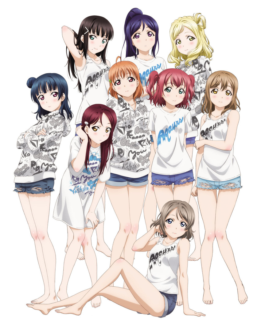 6+girls ahoge aqua_eyes artbook barefoot black_hair blonde_hair blue_eyes blue_hair blush brown_hair clothes_writing cutoffs denim denim_shorts full_body grey_hair hair_bun hair_ornament hairclip hand_in_own_hair highres kunikida_hanamaru kurosawa_dia kurosawa_ruby long_hair looking_at_viewer love_live! love_live!_sunshine!! matsuura_kanan mole mole_under_mouth multiple_girls non-web_source official_art ohara_mari orange_hair ponytail purple_eyes purple_hair red_eyes red_hair sakurauchi_riko shirt short_hair short_shorts shorts simple_background smile standing takami_chika torn_clothes tsushima_yoshiko two_side_up watanabe_you white_background yellow_eyes