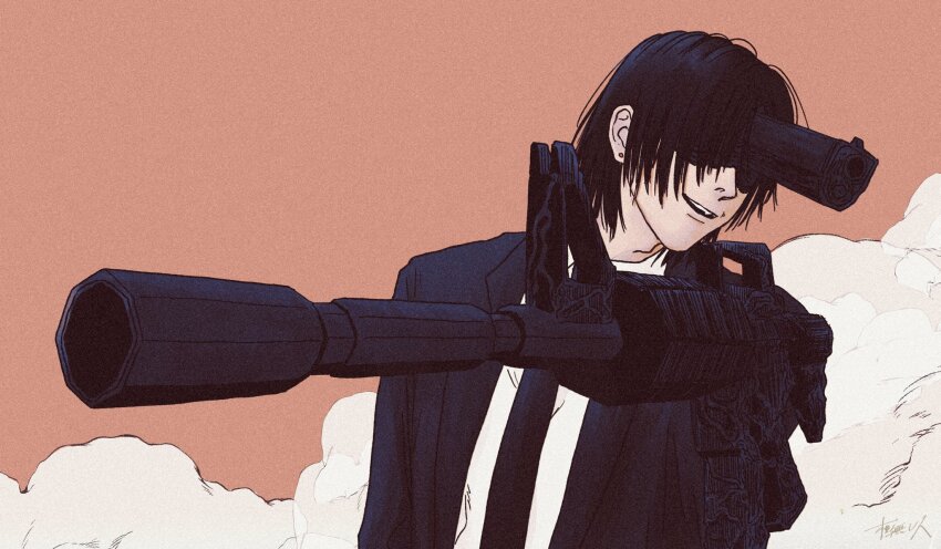 1boy assault_rifle black_hair black_jacket black_necktie brown_background chainsaw_man collared_shirt film_grain formal_clothes gun gun_devil_(chainsaw_man) handgun hayakawa_aki highres jacket male_focus necktie nenashibito open_mouth aiming rifle shirt short_hair simple_background smile smoke solo suit suit_jacket weapon white_shirt