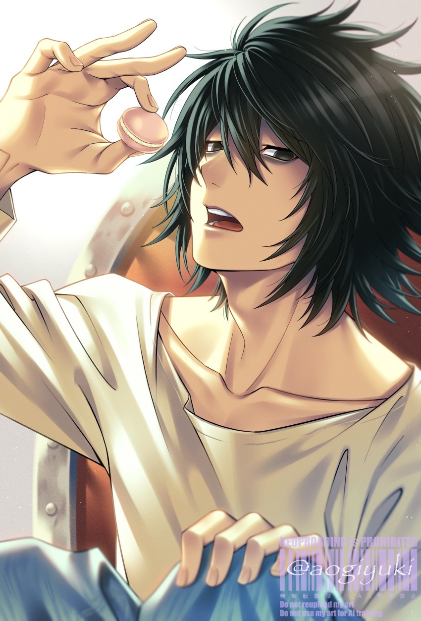 1boy aogiyuki bags_under_eyes black_eyes black_hair blue_pants chair collarbone commentary_request death_note food hand_on_own_knee highres holding holding_food l_(death_note) looking_at_viewer looking_to_the_side macaron male_focus on_chair open_mouth pants shirt short_hair sitting solo teeth twitter_username upper_body white_background white_shirt