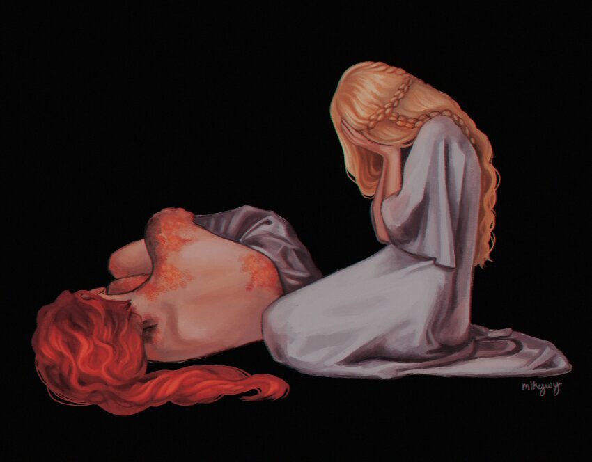 1boy 1girl back black_background blonde_hair braid brother_and_sister covering_face crying curled_up dress elden_ring face_in_hands facing_away highres malenia_blade_of_miquella miquella_(elden_ring) mlkywy red_hair siblings wavy_hair white_dress
