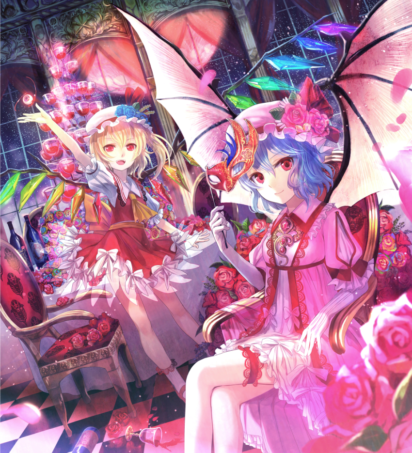 2girls arm_up ascot bare_legs bat_wings blonde_hair blue_flower blue_hair blue_rose bottle brooch chair checkered_floor crossed_legs cup dress dutch_angle elbow_gloves embellished_costume female_focus flandre_scarlet floor flower frilled_legwear frilled_thigh_strap full_moon fuzichoco gloves hat hat_flower highres jewelry looking_at_viewer mary_janes mask moon multicolored_flower multicolored_rose multiple_girls night night_sky petals pink_flower pink_rose red_eyes red_moon remilia_scarlet revision rose shoes short_hair siblings side_ponytail sisters sitting sky smile spill star_(sky) starry_sky table teacup thigh_strap touhou waving white_gloves window wings